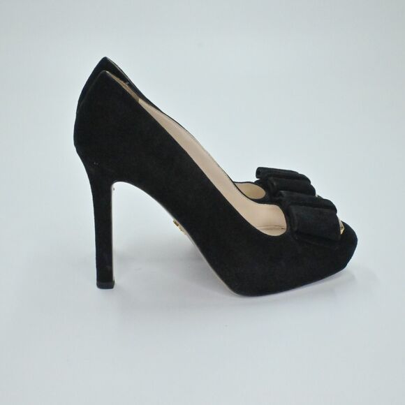 PRADA Heels Womens Size 36 Calzature Black Suede Gold Hardware Bow Milan Square - Picture 3 of 13